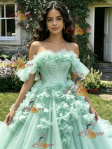 Grene Tulle Off the Shoulder 3D Flower Quinceanera Dress