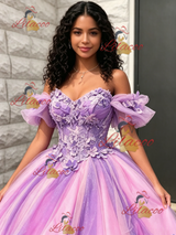 Purple Tulle Off the Shoulder 3D Flower Quinceanera Dress