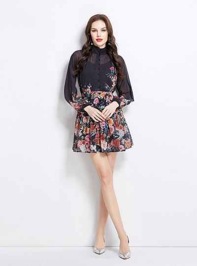 Retro Lantern Sleeve Slim Printed Dress