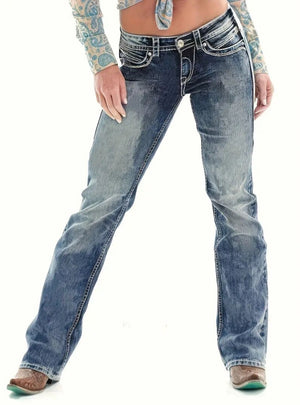 Elastic Thick Thread Embroidered Straight Jeans