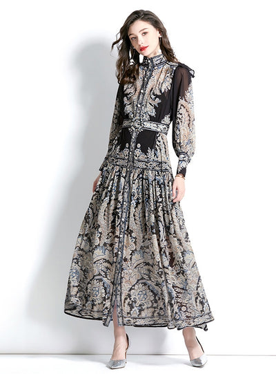 Long-sleeved Lantern Sleeve Printed Dress