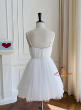 White Tulle Spaghetti Straps Pleats Prom Dress