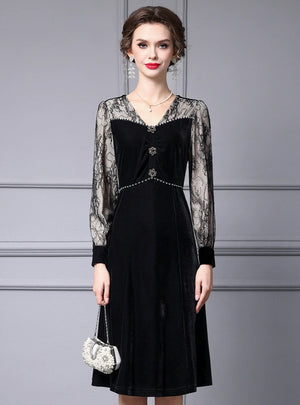 Black Lace Velvet Mother of the Bride Dress