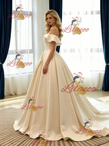 Champagne Satin Off the Shoulder Pleats Wedding Dress