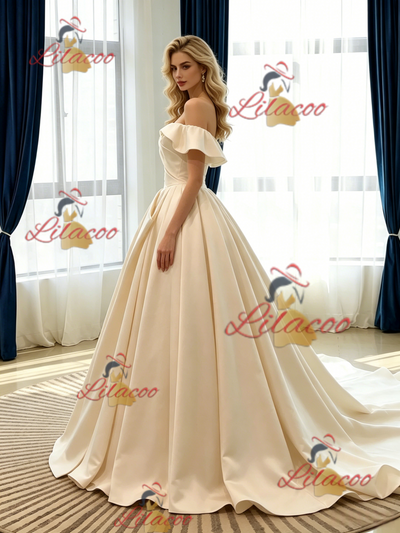 Champagne Satin Off the Shoulder Pleats Wedding Dress