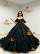 Black Tulle Off the Shoulder Beading Quinceanera Dress