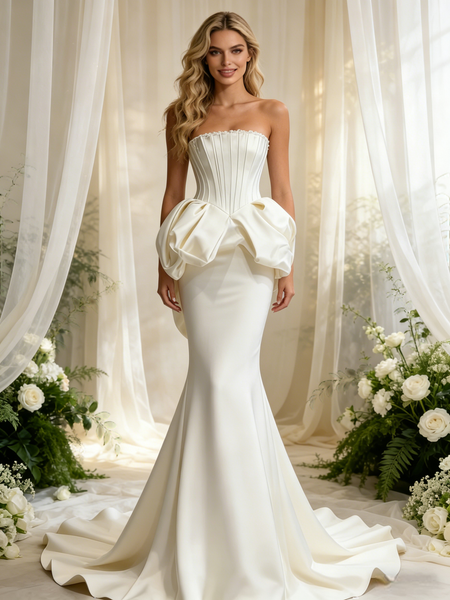 Ivory Mermaid Satin Strapless Beading Wedding Dress