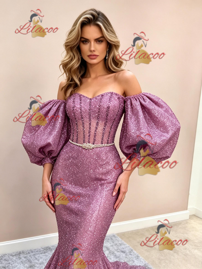Purple Mermaid Sequins Puff Sleeve Prom Dress