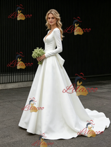 White Satin Long Sleeve V-neck Wedding Dress