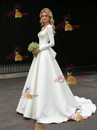 White Satin Long Sleeve V-neck Wedding Dress