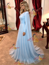 Blue One Shoulder Long Sleeve Pleats Prom Dress