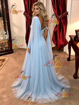 Blue One Shoulder Long Sleeve Pleats Prom Dress