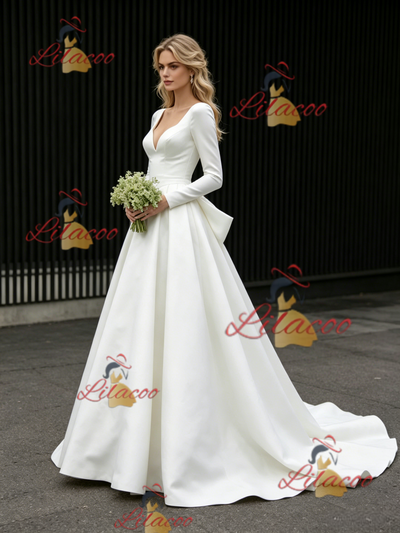 White Satin Long Sleeve V-neck Wedding Dress