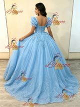 Blue Tulle Short Sleeve Appliques Quinceanera Dress