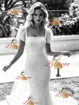 White Mermaid Lace Puff Sleeve Wedding Dress