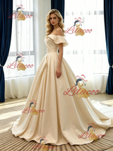 Champagne Satin Off the Shoulder Pleats Wedding Dress