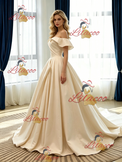 Champagne Satin Off the Shoulder Pleats Wedding Dress