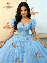 Blue Tulle Short Sleeve Appliques Quinceanera Dress