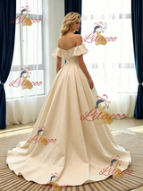 Champagne Satin Off the Shoulder Pleats Wedding Dress