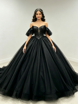 Black Tulle Off the Shoulder Beading Quinceanera Dress