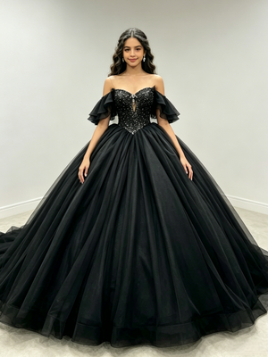 Black Tulle Off the Shoulder Beading Quinceanera Dress