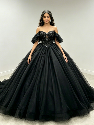 Black Tulle Off the Shoulder Beading Quinceanera Dress