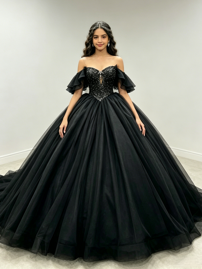 Black Tulle Off the Shoulder Beading Quinceanera Dress