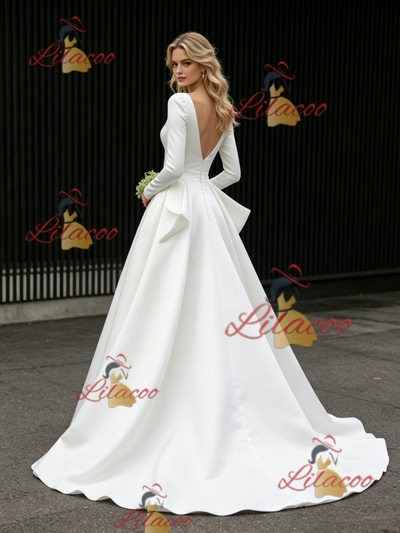 White Satin Long Sleeve V-neck Wedding Dress