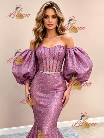 Purple Mermaid Sequins Puff Sleeve Prom Dress