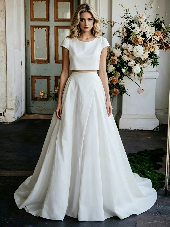 White Cap Sleeve Two Piece Wedding Dress