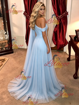 Blue One Shoulder Long Sleeve Pleats Prom Dress