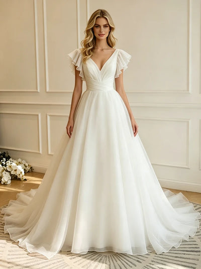 White Tulle V-neck Wedding Dres