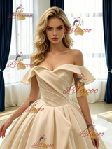 Champagne Satin Off the Shoulder Pleats Wedding Dress