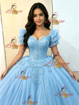 Blue Tulle Short Sleeve Appliques Quinceanera Dress