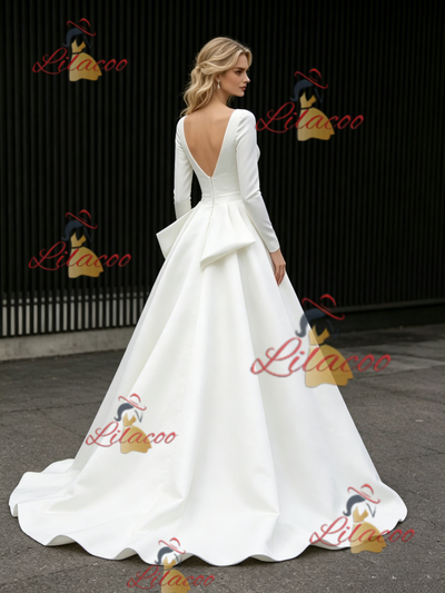 White Satin Long Sleeve V-neck Wedding Dress