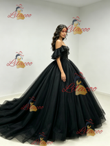 Black Tulle Off the Shoulder Beading Quinceanera Dress