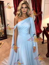 Blue One Shoulder Long Sleeve Pleats Prom Dress