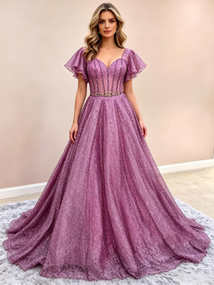 A-Line Purple Sequins Straps Prom Dress