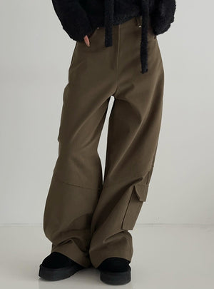 Solid Color Pocket Loose Straight Casual Pants
