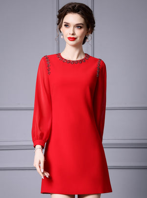 Red Long Sleeve Beading Mother Of The Bride Dress