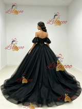 Black Tulle Off the Shoulder Beading Quinceanera Dress