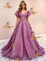A-Line Purple Sequins Straps Prom Dress