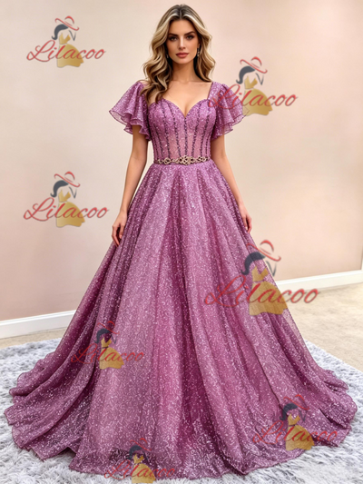 A-Line Purple Sequins Straps Prom Dress