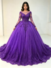 Purple Tulle Long Sleeve Appliques Quinceanera Dress