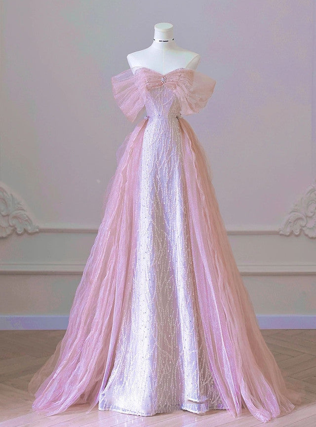 Pink Mermaid Tulle Sequins Prom Dress