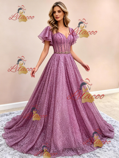A-Line Purple Sequins Straps Prom Dress