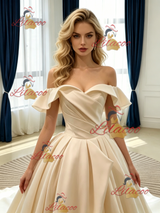 Champagne Satin Off the Shoulder Pleats Wedding Dress