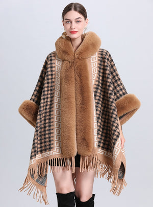 Hooded Tassel Jacquard Knitted Shawl Cloak
