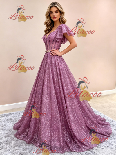 A-Line Purple Sequins Straps Prom Dress