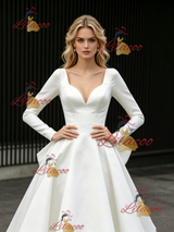 White Satin Long Sleeve V-neck Wedding Dress